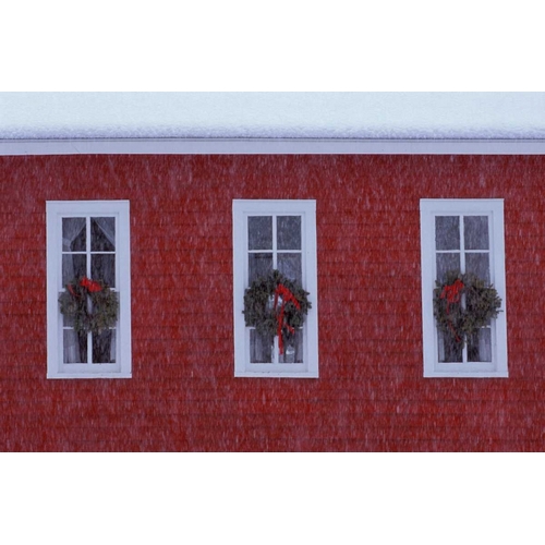MI, Three Christmas wreathes in schoolhouse